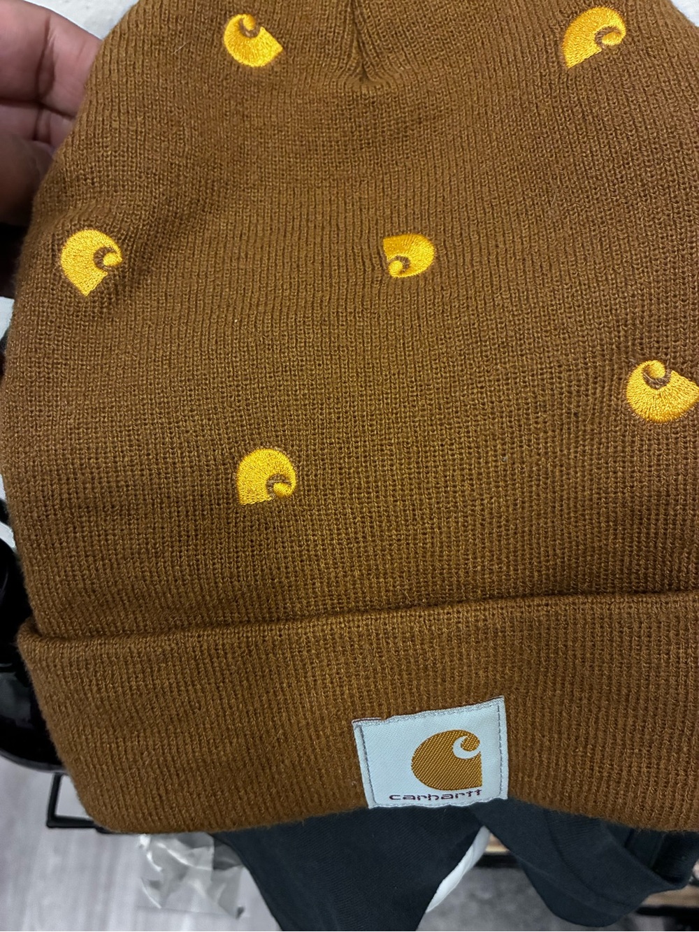 Carhartt Kids' Brown Knit Beanie with Yellow Logo Dots